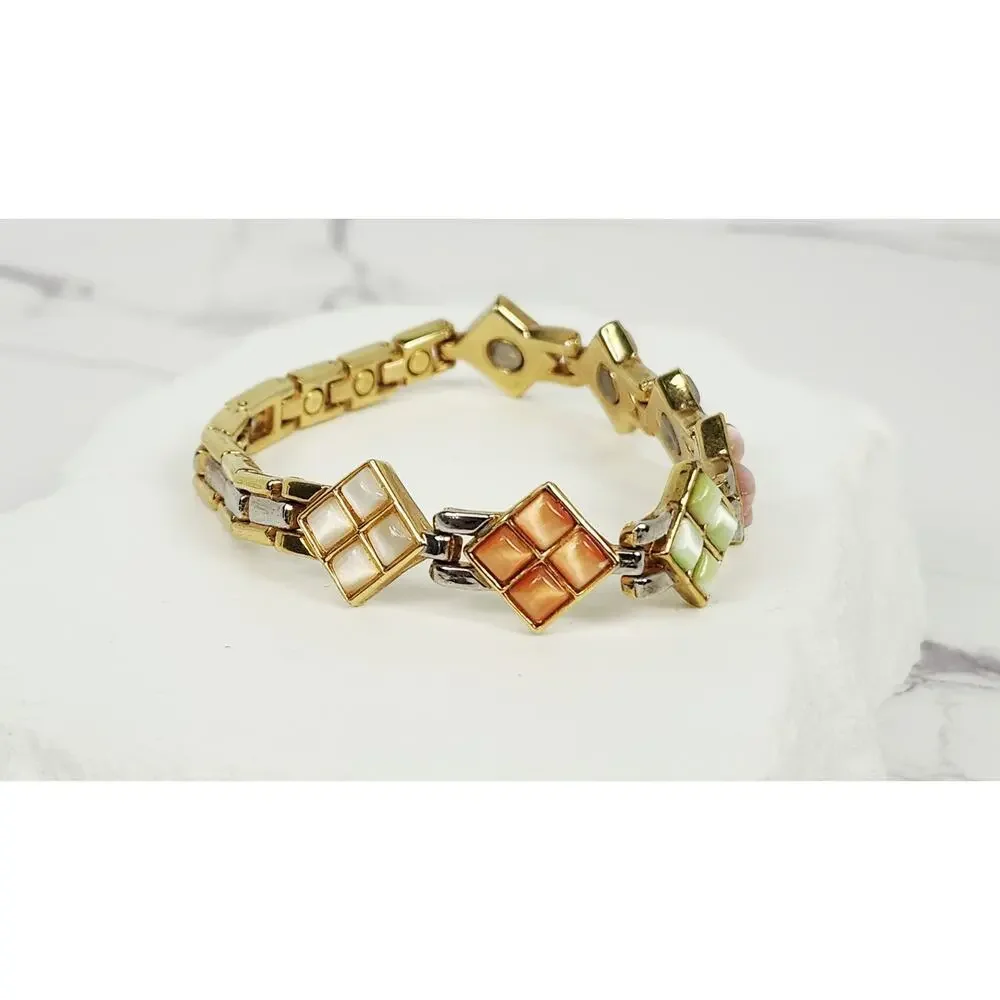 Vintage Retro Pastel Mosaic Cat's Eye Diamond Panel Link Bracelet 7.5
